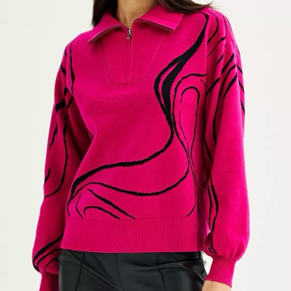 Nine West Fuchsia Zip-Neck Sweater with Black Abstract Swirl